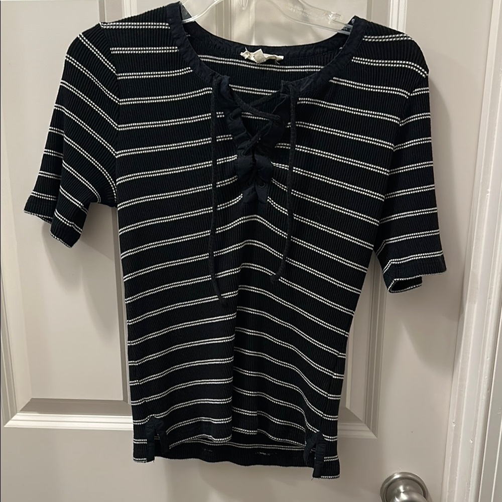 Madewell Women’s Black Striped Lace-Up Short Sleeve Top